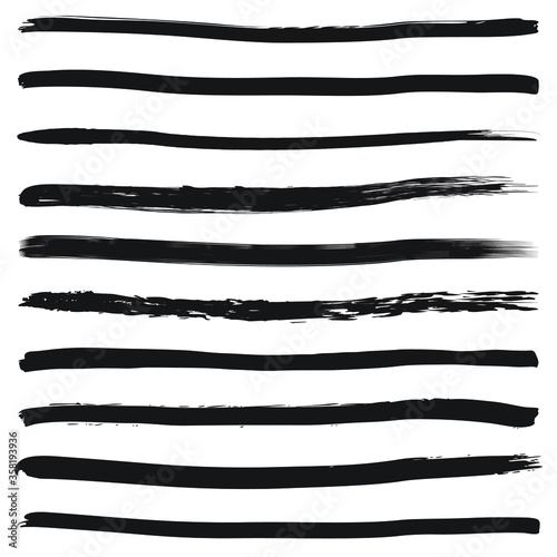 Set of 10 black brush strokes. Grunge borders. Vector illustration.