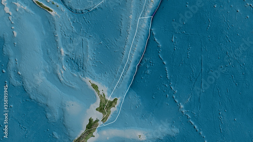 Kermadec tectonic plate - outlined. Satellite photo