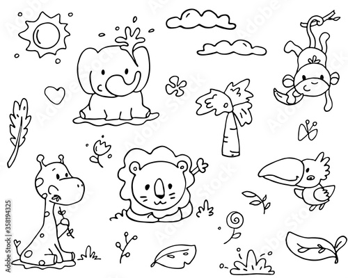 Cute outlined jungle animals collection. Vector illustration.