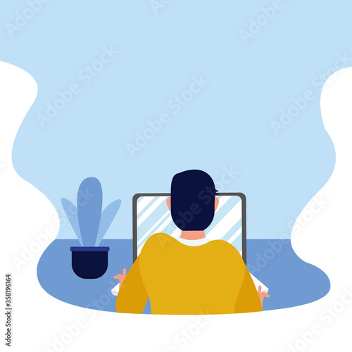 Man with laptop and plant inside pot vector design