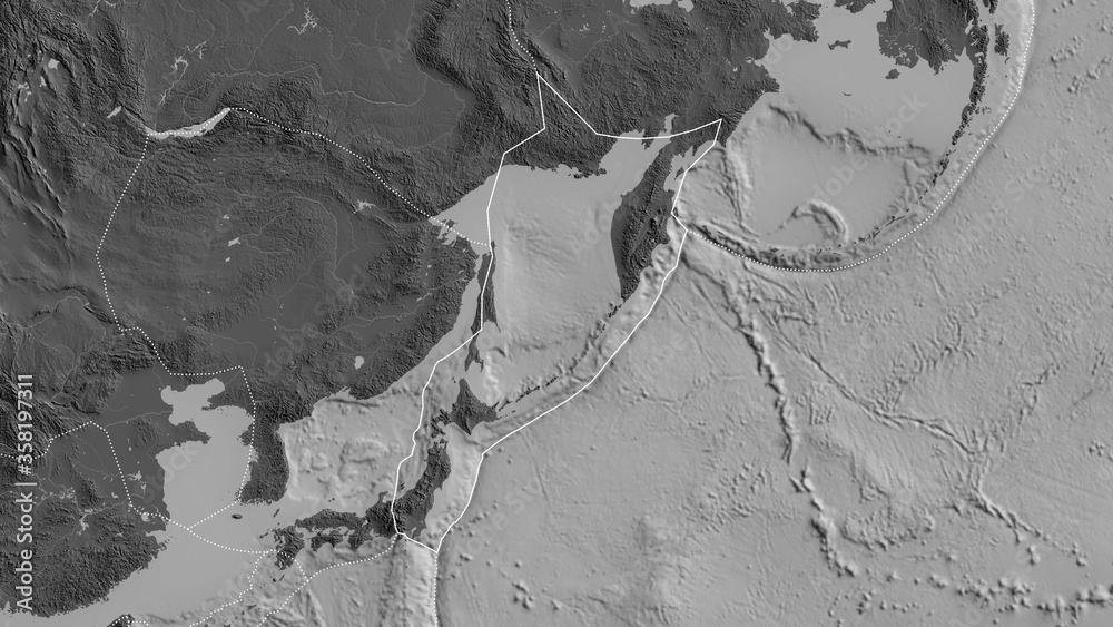 Okhotsk tectonic plate - outlined. Bilevel Okhotsk tectonic plate - outlined. Bilevel