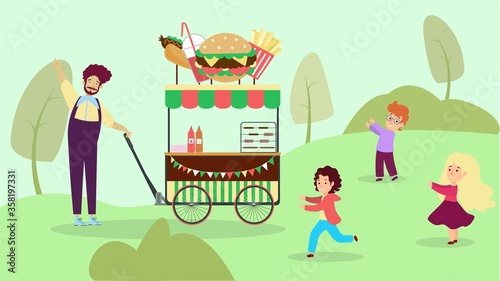 Street cafe national urban park, garden city fast food shop flat vector illustration. Child character play outdoor reserve and devour foodstuff. Male person hamburger boutique, barbeque place.