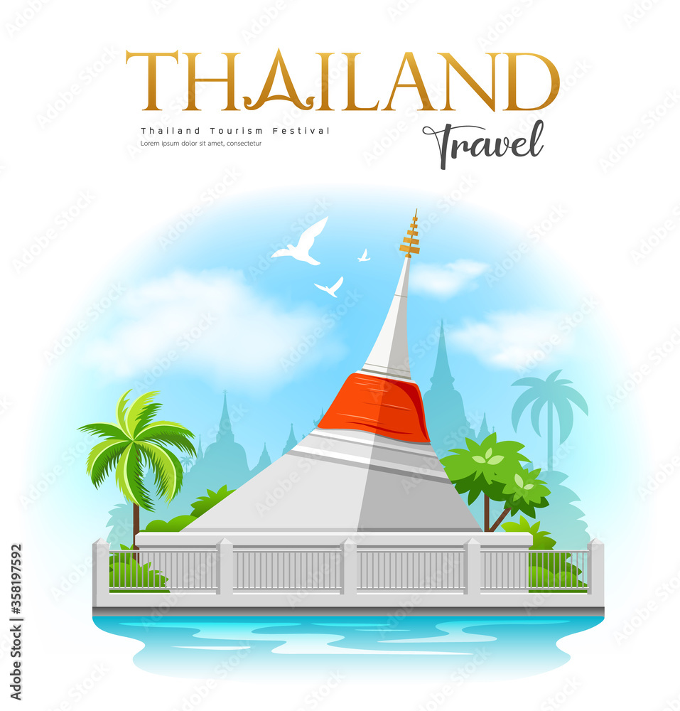 Obraz premium White pagoda with red fabric, ko kret, small island in the Chao Phraya River in Nonthaburi Province, travel thailand, vector illustration