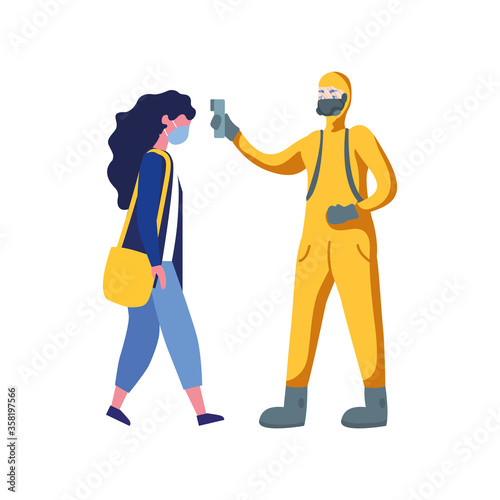 Hand holding thermometer gun checking woman temperature vector design