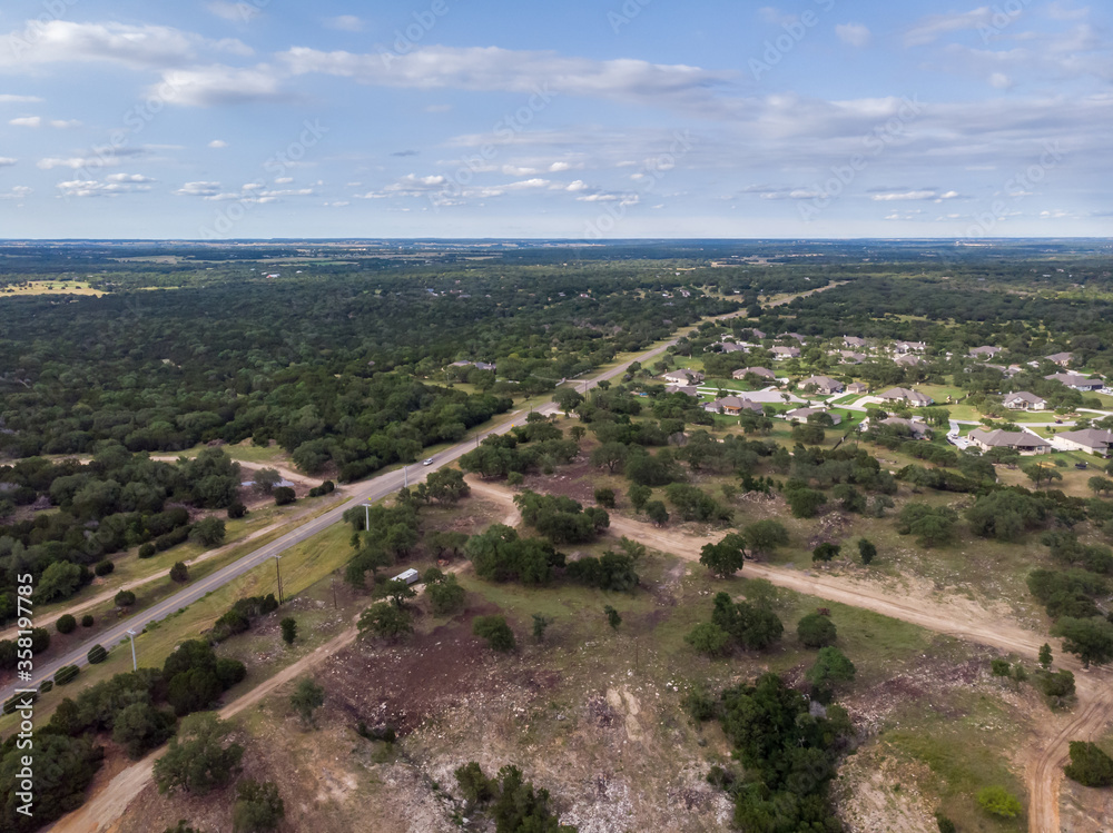 Wide Angle Aerial View of The Texas Hill Country During Day Time Summer Day