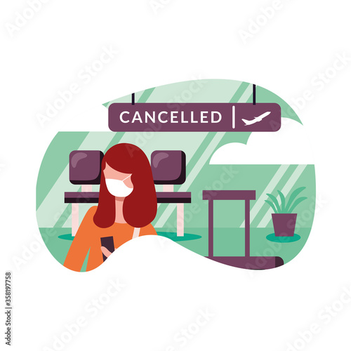 Woman with medical mask and cancelled flight board vector design