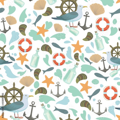 Fototapeta Naklejka Na Ścianę i Meble -  Seamless pattern with seagulls and anchors and weels. Sea nautical marine vector print for child decor or textile. 