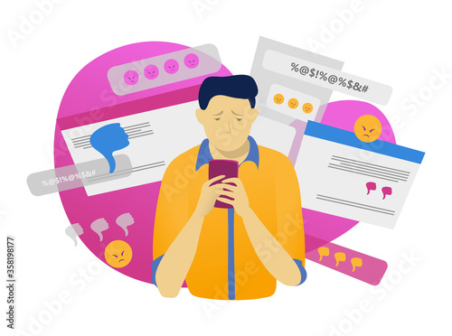 Male character hold mobile phone, online cyber bullying isolated on white, flat vector illustration. Modern technology, web man harassment. Social abuse unstable emotional state, dangerous comment.