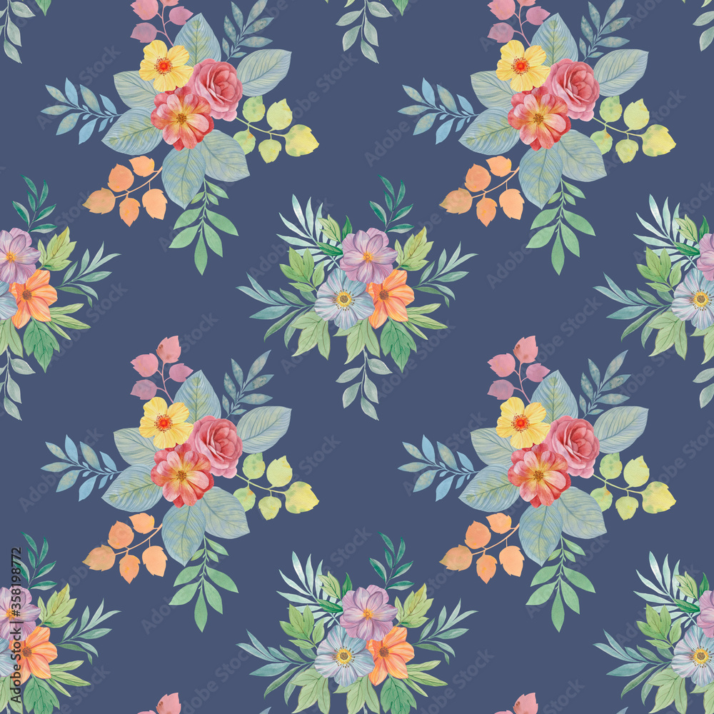Obraz premium Seamless watercolor pattern. Art watercolor for design, packaging and printing. Bouquets of bright flowers on a blue background.