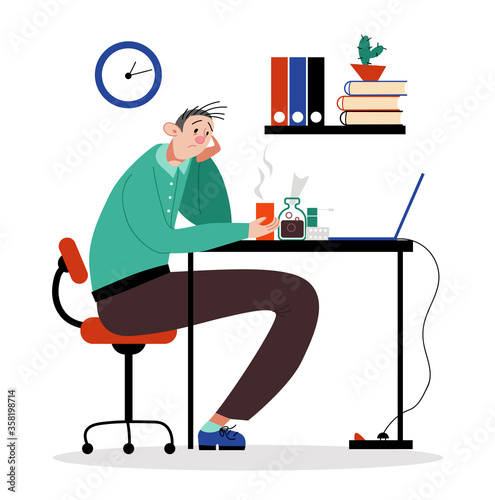 Office worker male character sitting with headache, man drink medical drug therapeutic infusion cough isolated on white, flat vector illustration. Person sick viral disease stressful health condition.