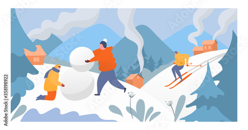 People rest mountain winter sport, character male female making snowman and sportsman skier down alpine flat vector illustration. High altitude resort holiday, person cheerfully spend time.