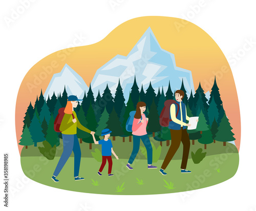 Sport family walk hiking camping outdoor tree forest place, character father mother boy and daughter step woodland isolated on white, flat vector illustration. Summer stroll around coniferous wood.
