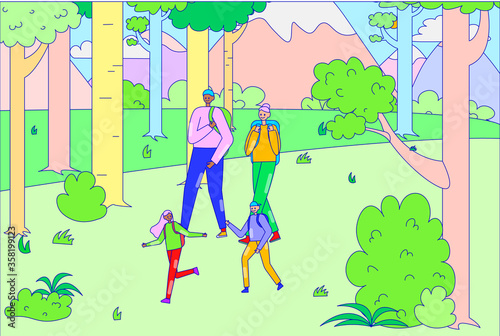 Family relaxing walk hiking camping outdoor tree forest place, character father mother boy and daughter stroll woodland line, flat vector illustration art. Cheerful together summertime spend.