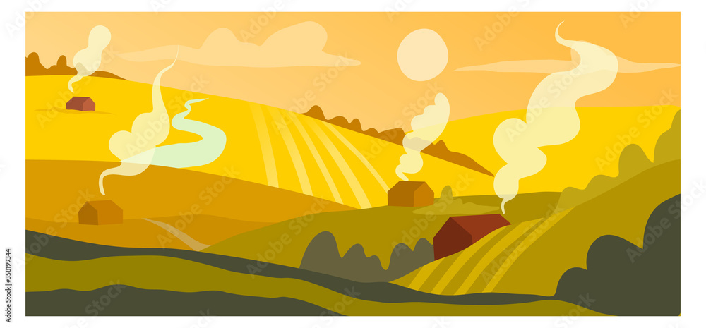 Harvest crops concept sowing field, countryside village landscape background nature banner cartoon vector illustration art. Wheatfield and private country house, cozy evening setting sun.
