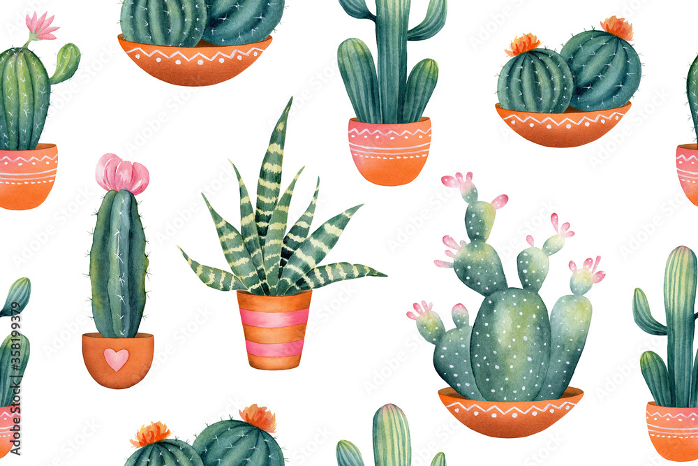 Watercolor hand painted seamless pattern of cactus with pink flower in ...