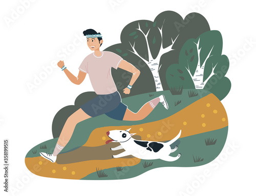 Male runner sportsman walking dog on outdoor park, activity sport exercise training flee stamina isolated on white, flat vector illustration. Autumn garden place for warm up physical activity.