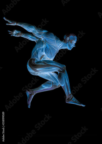 muscleman anatomy heroic body jumping in white background