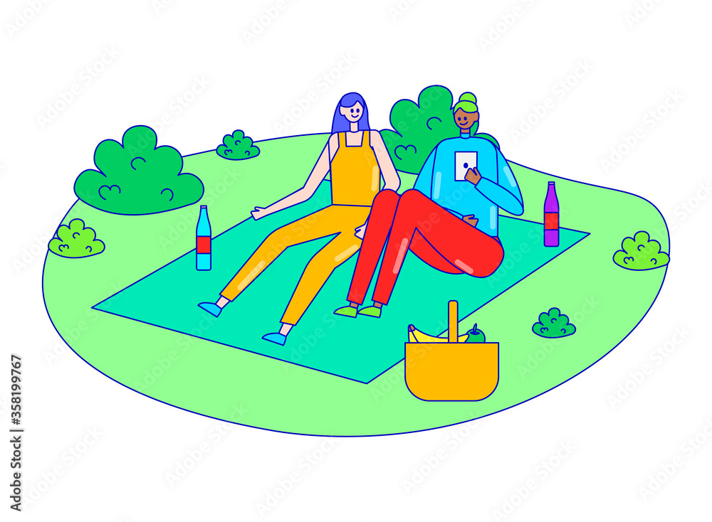 Female companion picnic on outdoor garden field, woman rest forest park isolated on white, line flat vector illustration. Person together relaxing, cheerful time spend, best friend girl communicate.