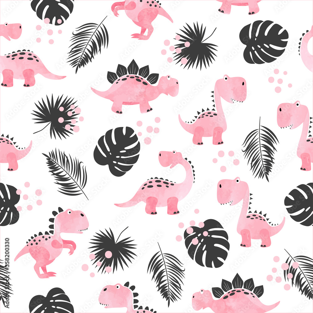 Seamless cute pink cartoon dinosaurs pattern. Vector watercolor ...