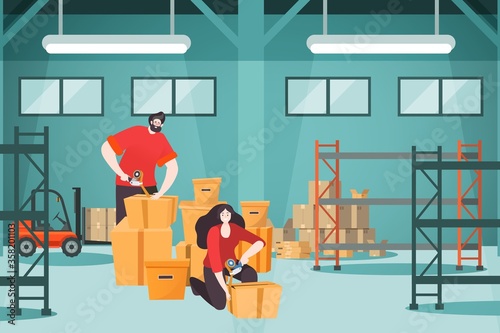 Moving house couple family, vector illustration. Man woman character pack cardboard box at home apartment, happy people relocation. Carry property together in room, packing indoors.