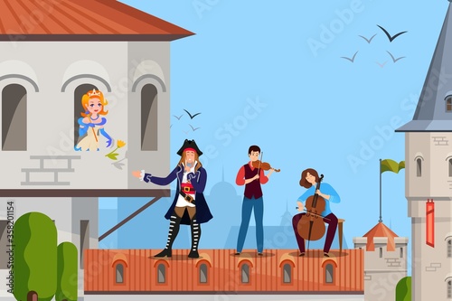 Music style, man with musicians sing serenade for girl, vector illustration. Classical old composition, play music for girlfriend, love declaration. Romantic performance at cartoon roof.