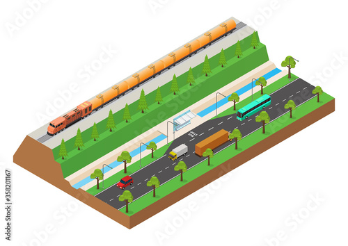 Vector isometric the oil cistern train runs on the rails