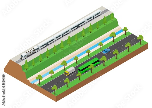 Vector isometric the passenger train runs on the rails