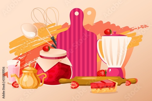 Strawberry dessert stuff pot jam, blender berry bowl food flat vector illustration. Milk fruit cake concept drink yogurt foodstuff kitchen meal device preparation, household utensils.