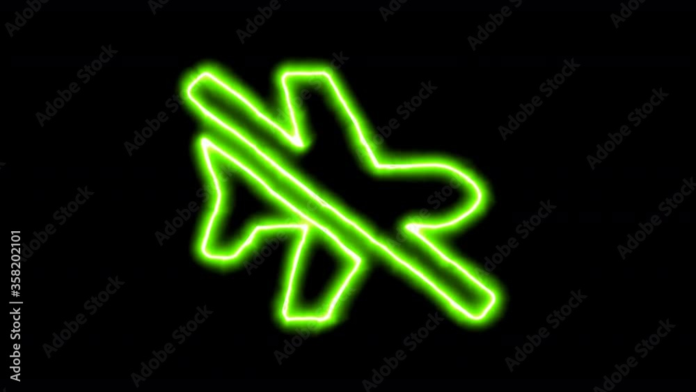 The appearance of the green neon symbol plane slash. Flicker, In - Out. Alpha channel Premultiplied - Matted with color black The appearance of the green neon symbol plane slash. Flicker, In - Out. Alpha channel Premultiplied - Matted with color black