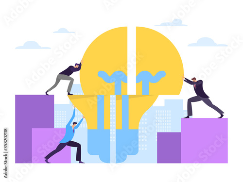 Business teamwork company work energy industry concept on white background, flat vector illustration. Male character hold light bulb, eco clean enterprise stuff. Environmental conservation.