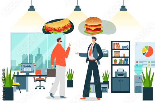 Fastfood order at business office, vector illustration. Hungry people character discuss choose food for break, burger and taco, Lunch time in office, adult flat businessman cowokers in company. photo