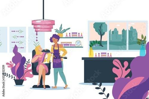 Girl client care about hair in salon, vector illustration. Professional hairdressing, cartoon girl with hairdresser character choose haircut. Beauty fashion work, stylish hairstyle in magazine.