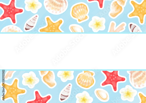 夏　海　貝殻　フレームイラスト
