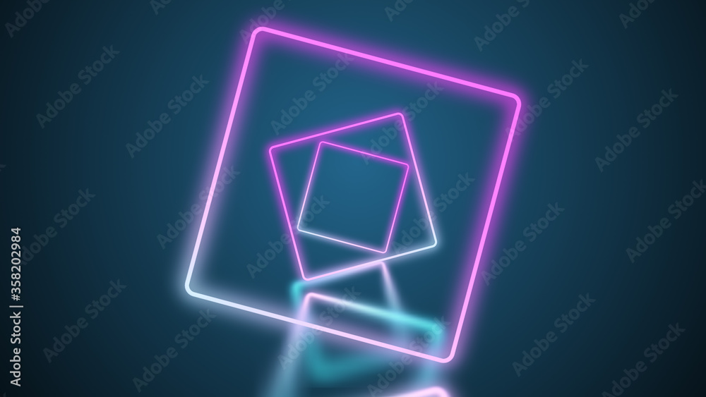 Fototapeta premium Flying through glowing rotating neon squares creating a tunnel, blue red pink violet spectrum.