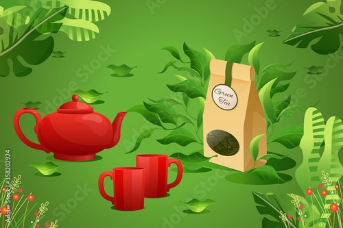 Package luxury green tea, red kettle pot stuff cartoon vector illustration. Business contact web banner site, landing page infusion ceremony. Indian infusion drink advertisement concept.