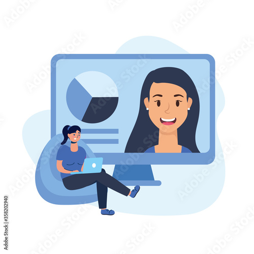 Woman with laptop on puf and computer vector design