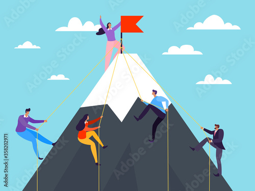 Business people climbing on mountain, vector illustration. Success achievement by flat leadership concept, climb career peak. Man woman climber character on rock, teamwork cartoon goal. © Vectorwonderland