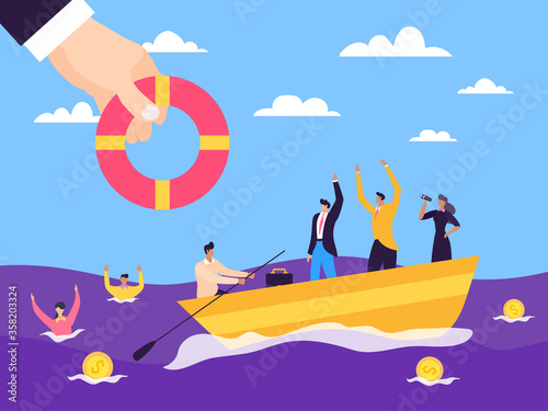 Crisis help business support vector Illustration. Financial sponsorship and advice to entrepreneurs in sea water  bankruptcy insurance. Hand hold out lifebuoy to people drowning in ocean.