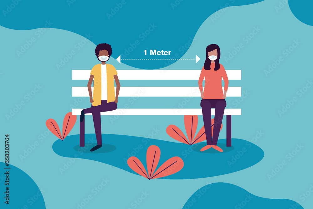 Social distancing between boy and girl with masks on bench vector design Social distancing between boy and girl with masks on bench vector design