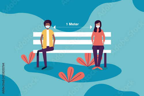 Social distancing between boy and girl with masks on bench vector design