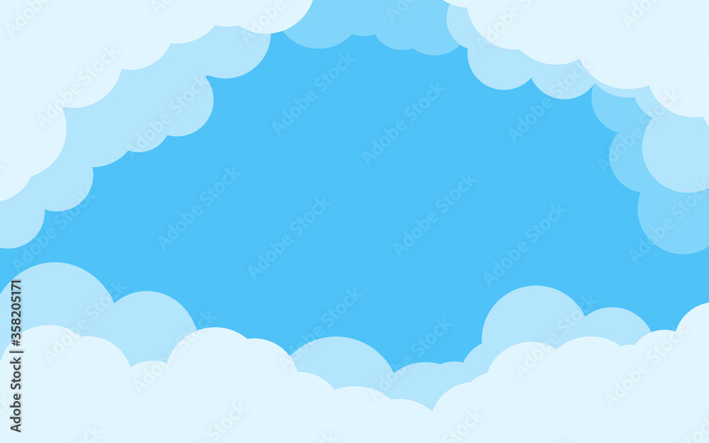 Cover blue sky with border of white clouds. Background cartoon flat style of air backdrop. Cloudy heaven scene layered effect. Abstract text box for poster, flyer, postcard, banner Vector illustration