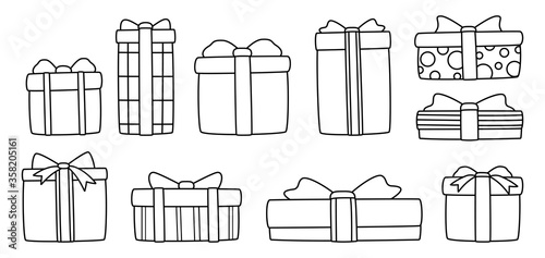 Present box flat line set. Cartoon Birthday party boxes different shapes with ribbon bows. Black linear holiday cute traditional gifts. Christmas or New Year design collection. Vector illustration