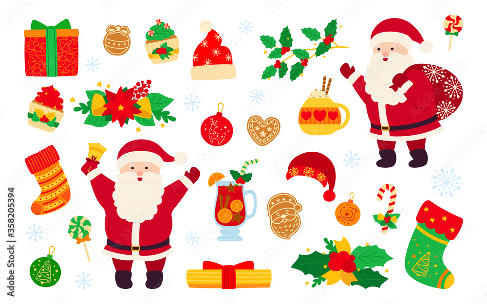 Christmas and New Year set. Holly cupcake, bell, cup, hat, santa and cookies gift, mulled wine. Flat cartoon design elements. New year, christmas objects collection. Isolated vector illustration Christmas and New Year set. Holly cupcake, bell, cup, hat, santa and cookies gift, mulled wine. Flat cartoon design elements. New year, christmas objects collection. Isolated vector illustration