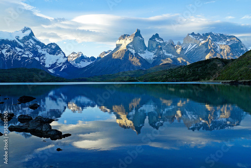 The Paine Massif and Los Cuernos reflected in Pehoe Lake, Torres del Paine National Park, Patagonia, Chile © Michele Burgess