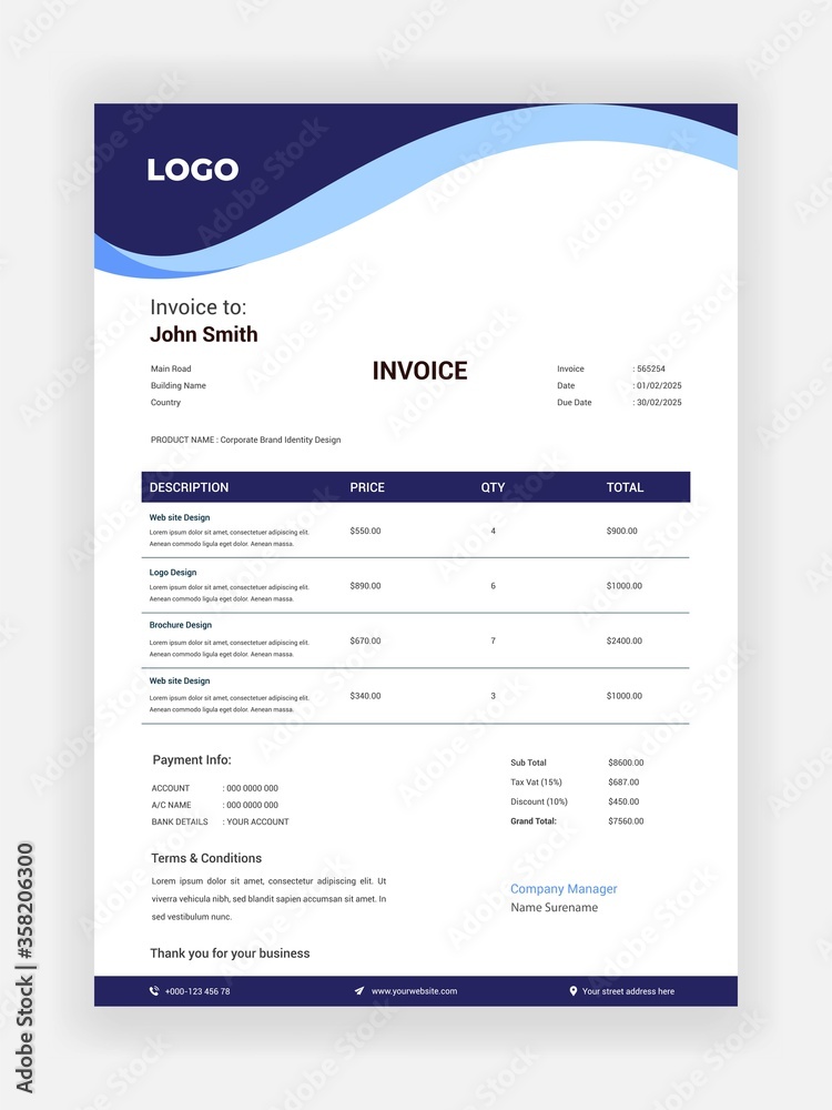 Creative style invoice design for accountants vector template