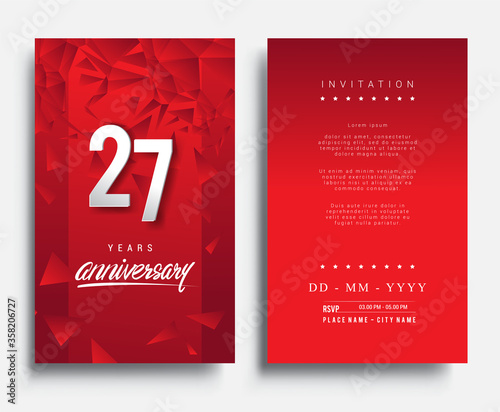27th Years Anniversary Invitation/Greeting Card with Flat Design and Elegant, Isolated on Red Background. Vector illustration.