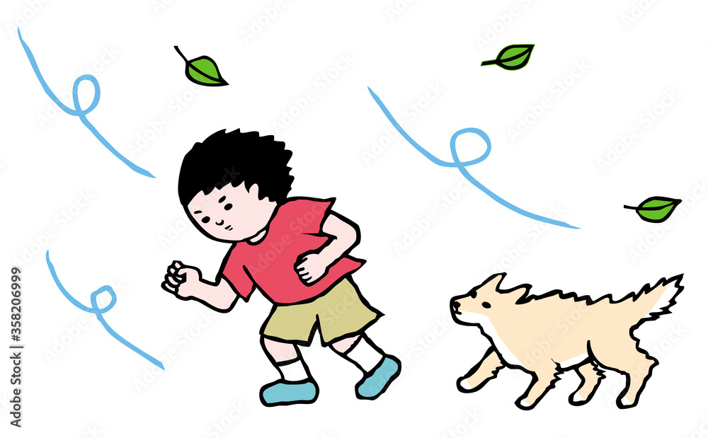 向かい風の中を歩く犬と少年 Stock Illustration Adobe Stock