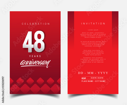 48th Years Anniversary Invitation/Greeting Card with Flat Design and Elegant, Isolated on Red Background. Vector illustration.