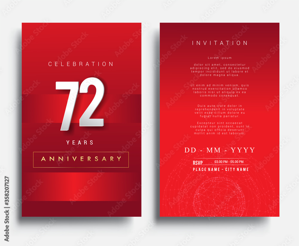 72nd Years Anniversary Invitation/Greeting Card with Flat Design and Elegant, Isolated on Red Background. Vector illustration. 72nd Years Anniversary Invitation/Greeting Card with Flat Design and Elegant, Isolated on Red Background. Vector illustration.
