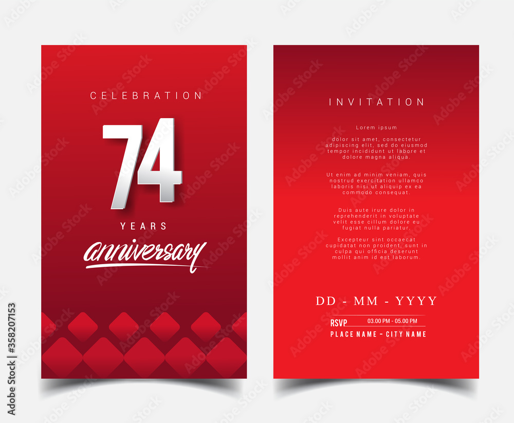 74th Years Anniversary Invitation/Greeting Card with Flat Design and Elegant, Isolated on Red Background. Vector illustration. 74th Years Anniversary Invitation/Greeting Card with Flat Design and Elegant, Isolated on Red Background. Vector illustration.